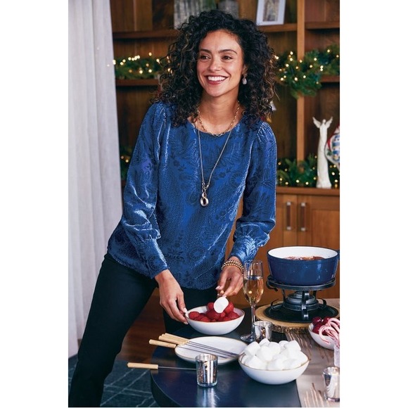 Soft Surroundings Vanetta Velvet Top Blue Devore  Damask Floral Blouse Small - Picture 3 of 13